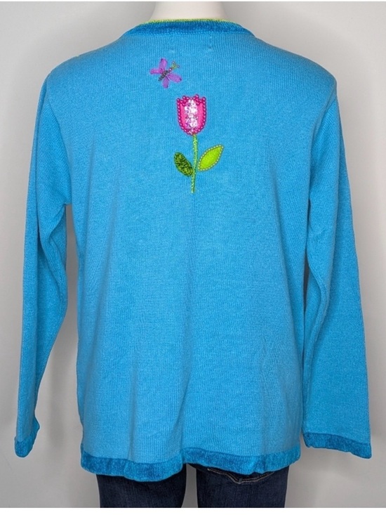 Quacker Factory Bright Turquoise Floral Embroidered Cardigan - Picture 5 of 6